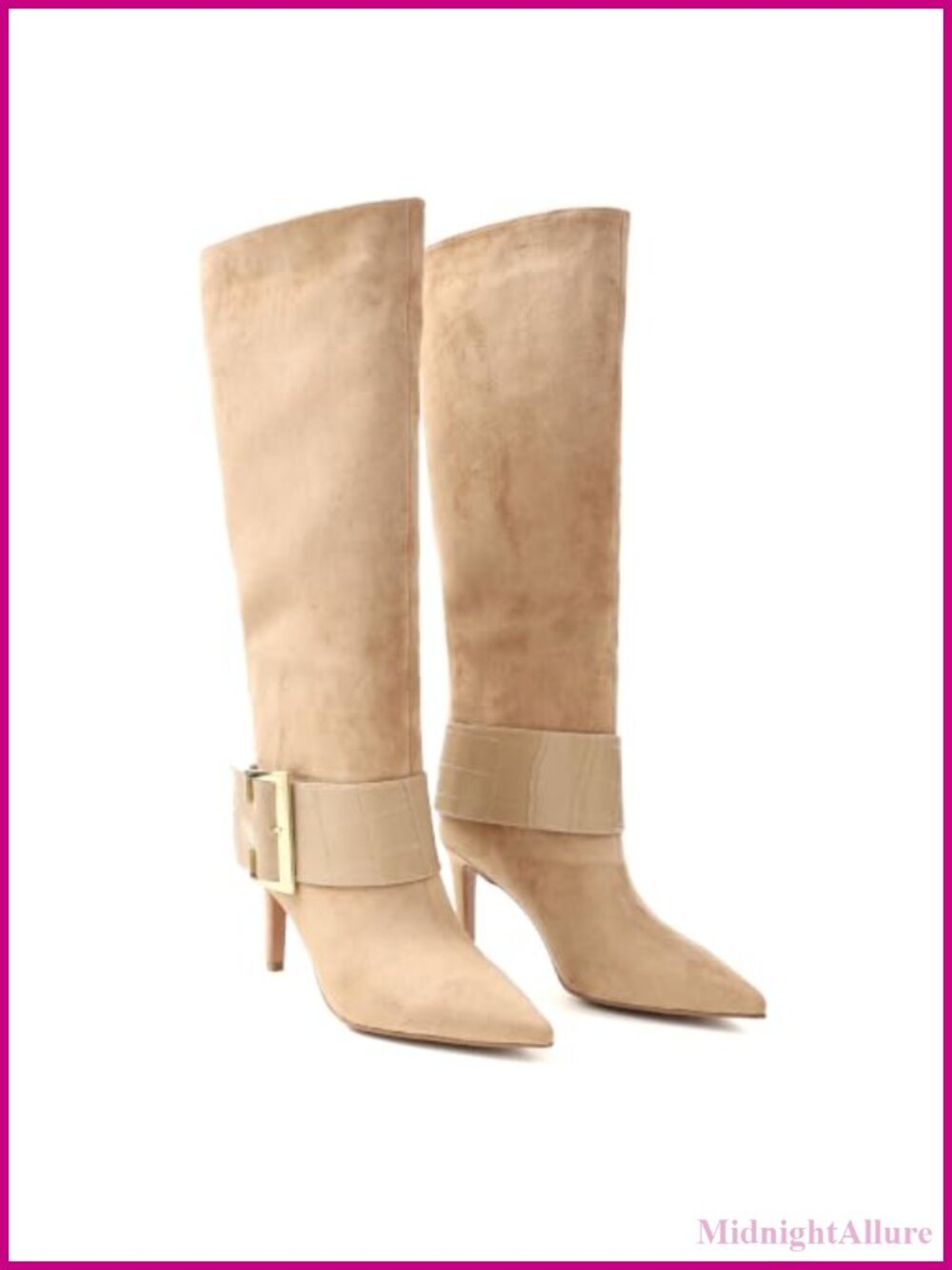 Wide Calf Knee High Boots Pointed Toe Stiletto Heel Slip On Buckle Detail